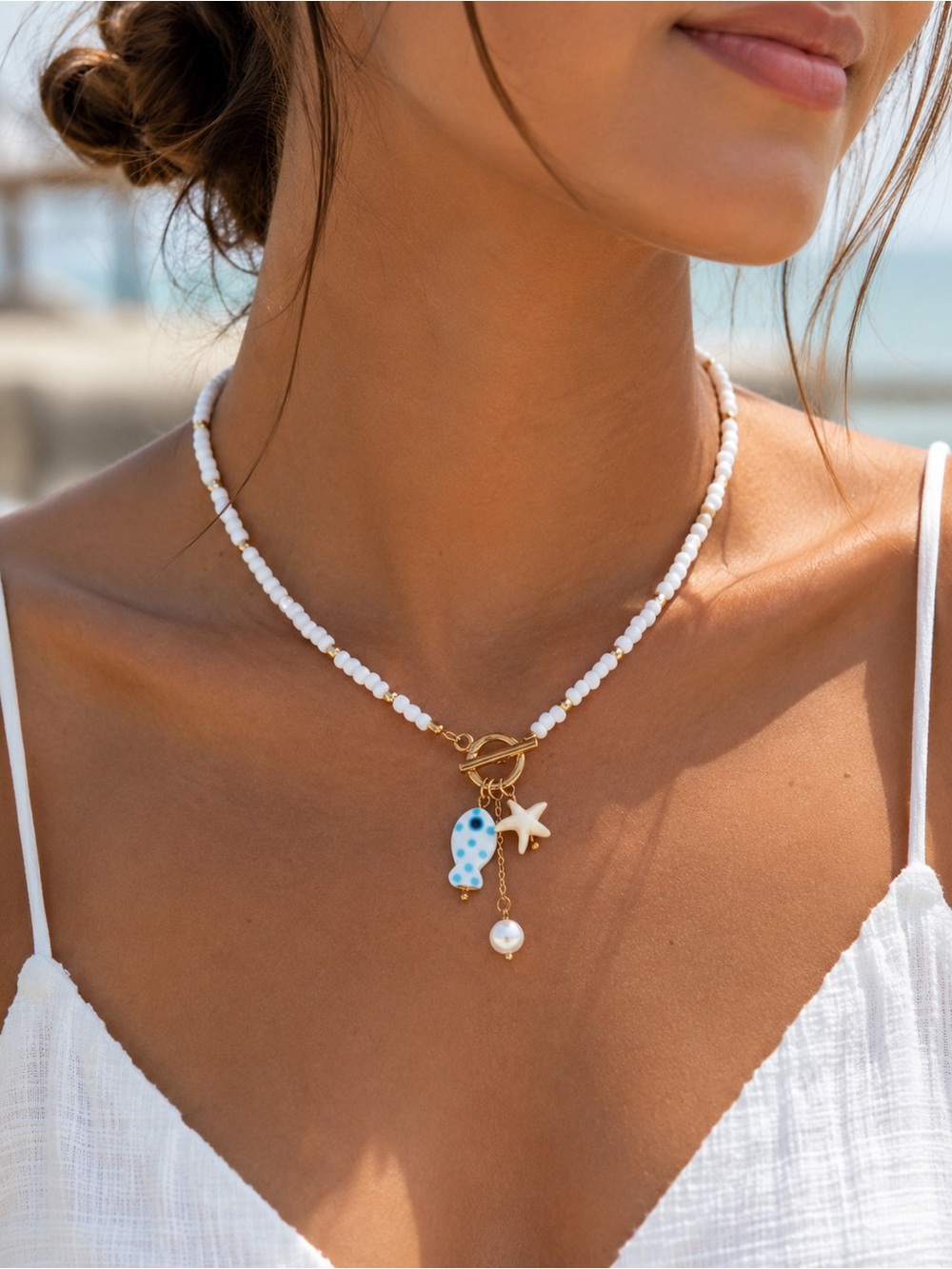 Beach Charm Choker Necklace White Beads Fish Starfish Pearl Gold Tone
